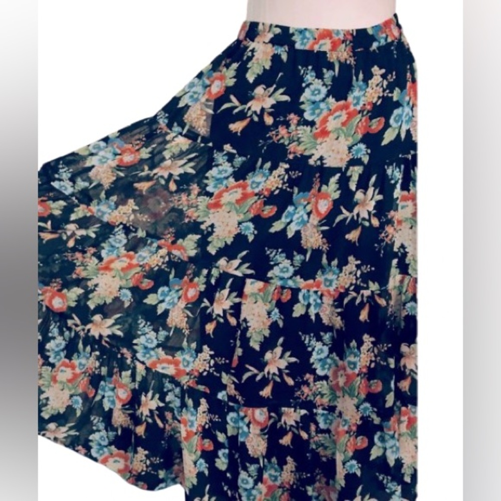 Gorgeous Floral Midi Tiered Linea Skirt Blue Black Boho Small vintage Sheer Maxi
